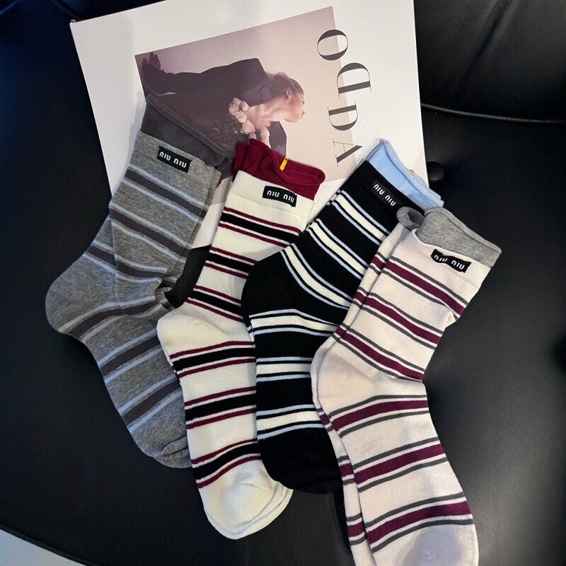 2025 Autumn and Winter New Korean Style Ins Label Double Ribbed Contrast Color Patchwork Cotton Mid-Tube Socks Vintage Striped Socks