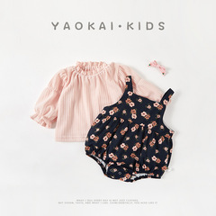 2024年春秋新款嬰兒連體套裝長袖打底碎花背帶包屁衣兩件套哈衣