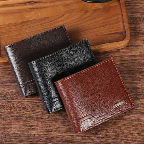 New men's wallet, short-style billfold, trendy casual design with lychee-patterned soft leather, multiple card slots, and large-capacity—perfect as a compact everyday wallet.