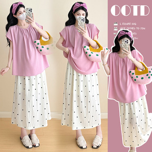 Real Shot in Stock~ Pregnant Women's New Korean Style Cotton and Linen Suit Polka Dot Skirt Two-Piece Set
