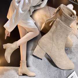 女鞋2021秋冬新款欧美中跟粗跟方头后拉链磨砂短靴时尚跨境马丁靴
