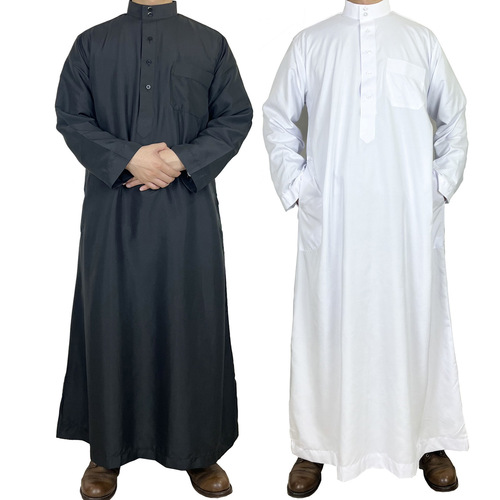 Polyester Men's Long Robe Qatar Stand Collar Robe Pocket Design Arabic Middle East Dubai Tour Clothing