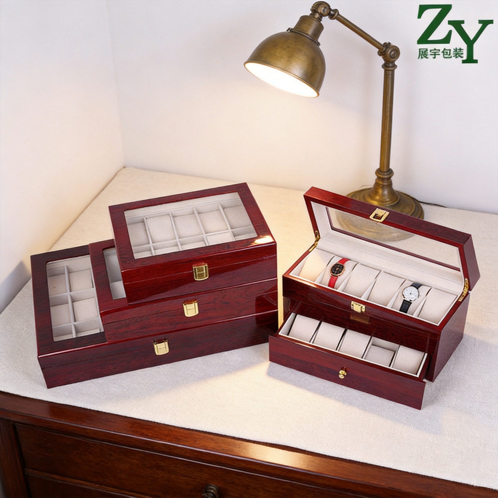 Cross-Border 12-Slot Burgundy Jewelry Box Piano Lacquer Windowed Transparent Watch Box Wooden Watch Storage Display Box