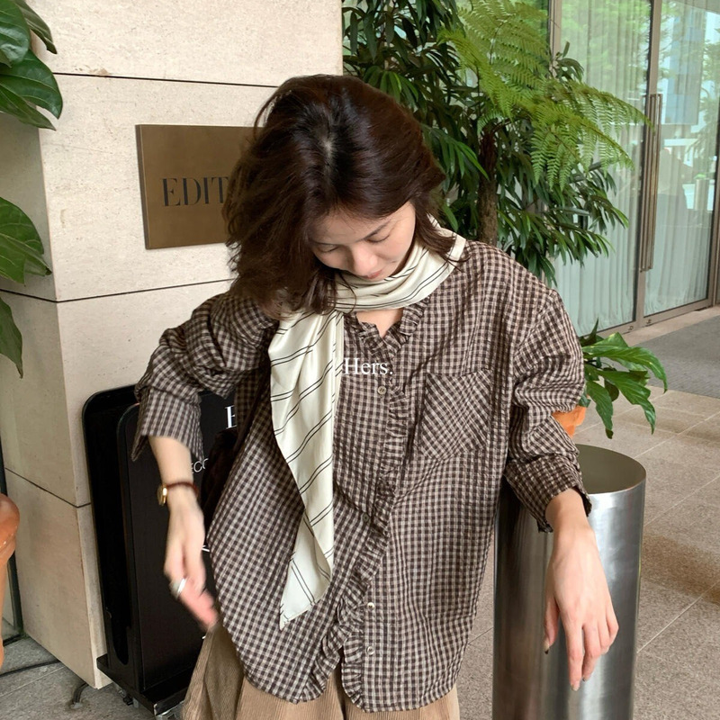 Hers Sweet Autumn Vintage Simple Style Textured Plaid Versatile Ruffled Collar Long Sleeve Shirt 66642 Hers Sweet Autumn Vintage Simple Style Textured Plaid Versatile Ruffled Collar Long Sleeve Shirt 66642