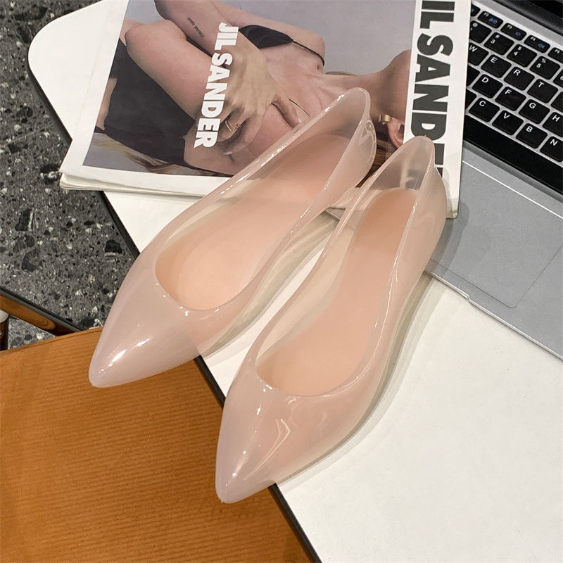 여성용 젤리 레인부츠, 새로운 패셔너블하고 다재다능한 여성용 뾰족한 투명 샌들, 성인용 미끄럼 방지 플랫 힐, 인터넷 연예인 레인부츠
