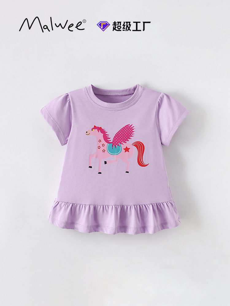 Malwee camiseta de niñas verano nuevo estilo europeo y americano de niños de cuello redondo de manga corta camiseta casual de niñas