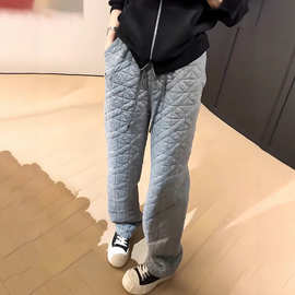 韩版灰色不规则菱格夹棉裤女20025冬季新款保暖防风百搭束脚哈伦