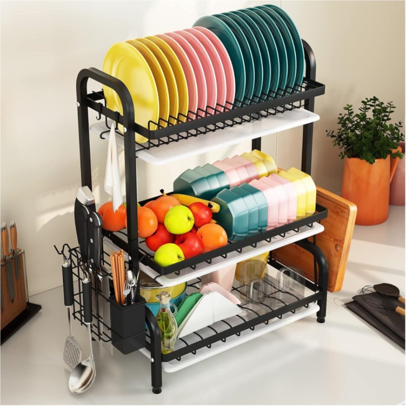 Escurridor de Platos de 3 Niveles de Acero Inoxidable para Encimera de Cocina