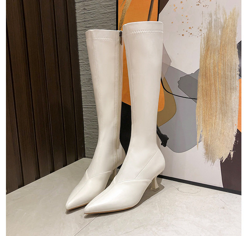 Bốt cao cổ nữ gót nhọn 6–8 cm kiểu kỵ sĩ khóa kéo bên, mũi nhọn — Màu nâu, Màu trắng, Màu đen, Màu trắng lót nhung chi tiết 15