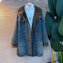 连帽中长款牛仔仿兔毛外套女秋冬服加绒加厚棉服大衣感