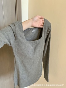 A dress in love! Clavicle-exposed and sweet square collar long sleeve T-shirt women's early autumn slim-fit base with chest pad
