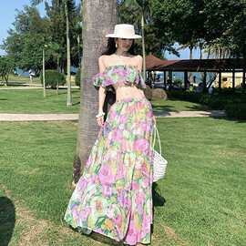 度假碎花套装女夏一字肩抹胸上衣高腰半身裙海边沙滩两件套图片色
