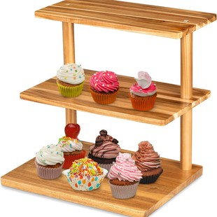 Wooden Multi-Tier Serving Tray Three-Tier Cupcake Stand Rectangular Serving Plate Wooden Farmhouse Brown Decorative Tray