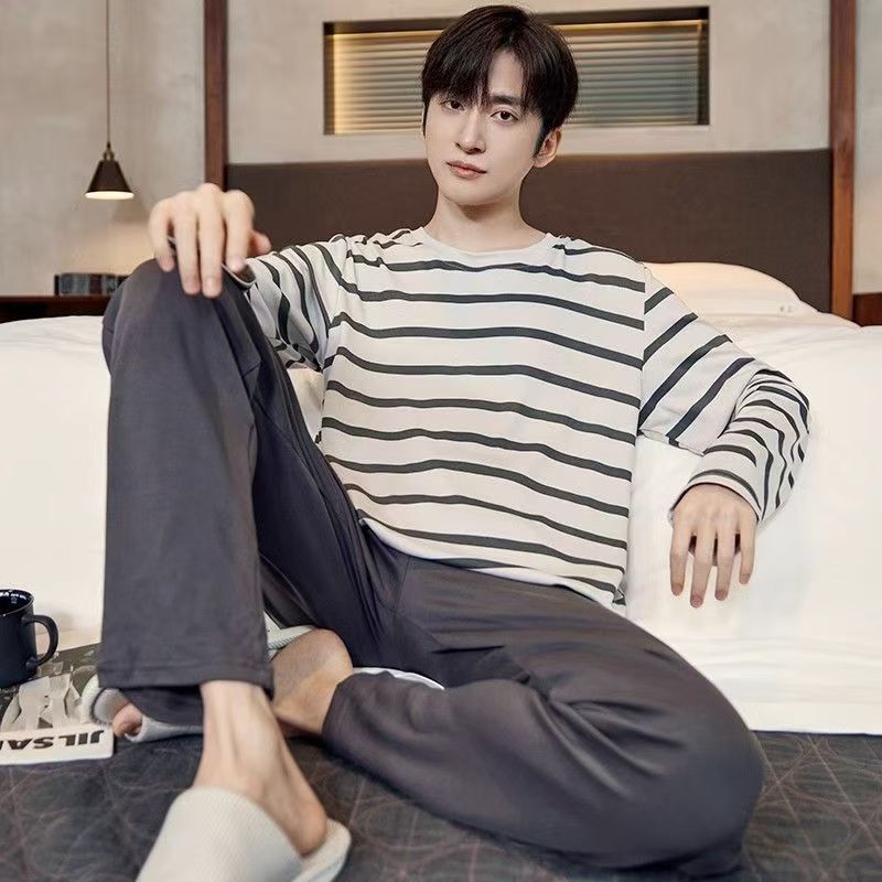 Corea del Sur 2024 pijamas de hombre de otoño pantalones de manga larga larga con un conjunto de sombreros más grande ropa casera simple al por mayor