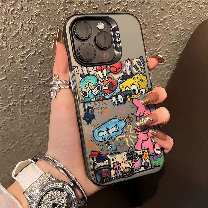 Double-Layer Imd Silver Case Suitable for Apple 17 Pro/16, Cute Spongebob Squarepants 15/14, Patrick Star 13, Trendy Brand Hard Case 11
