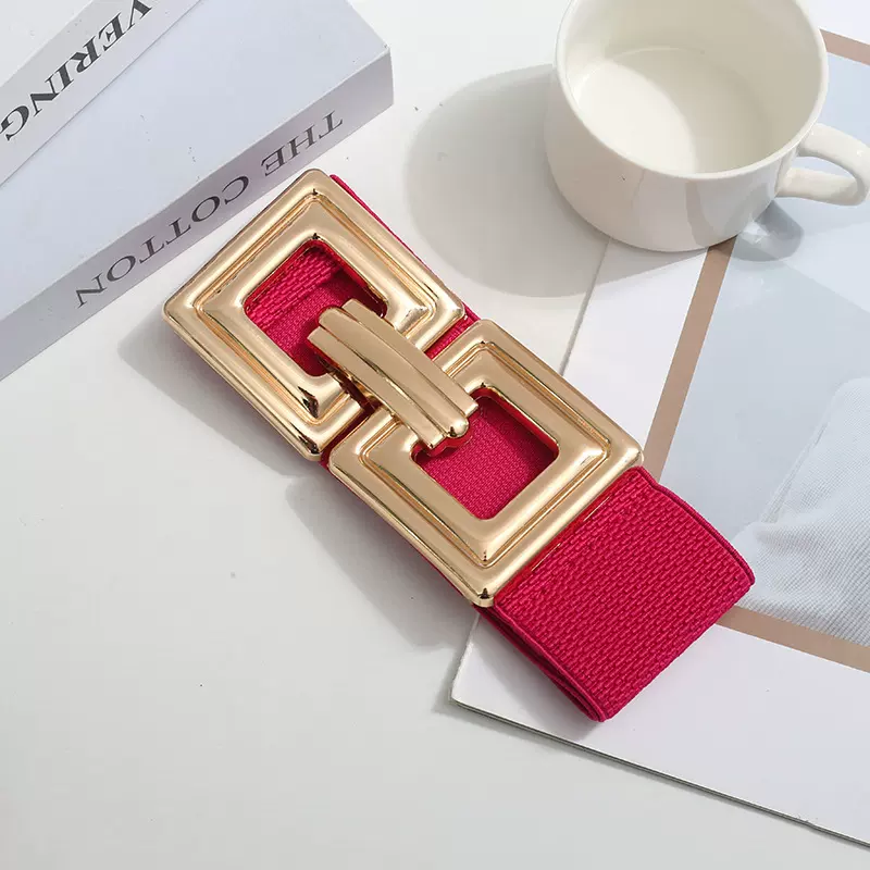 新复古几何金色金属大菱形双环扣橡筋弹力腰封配连衣裙宽腰带