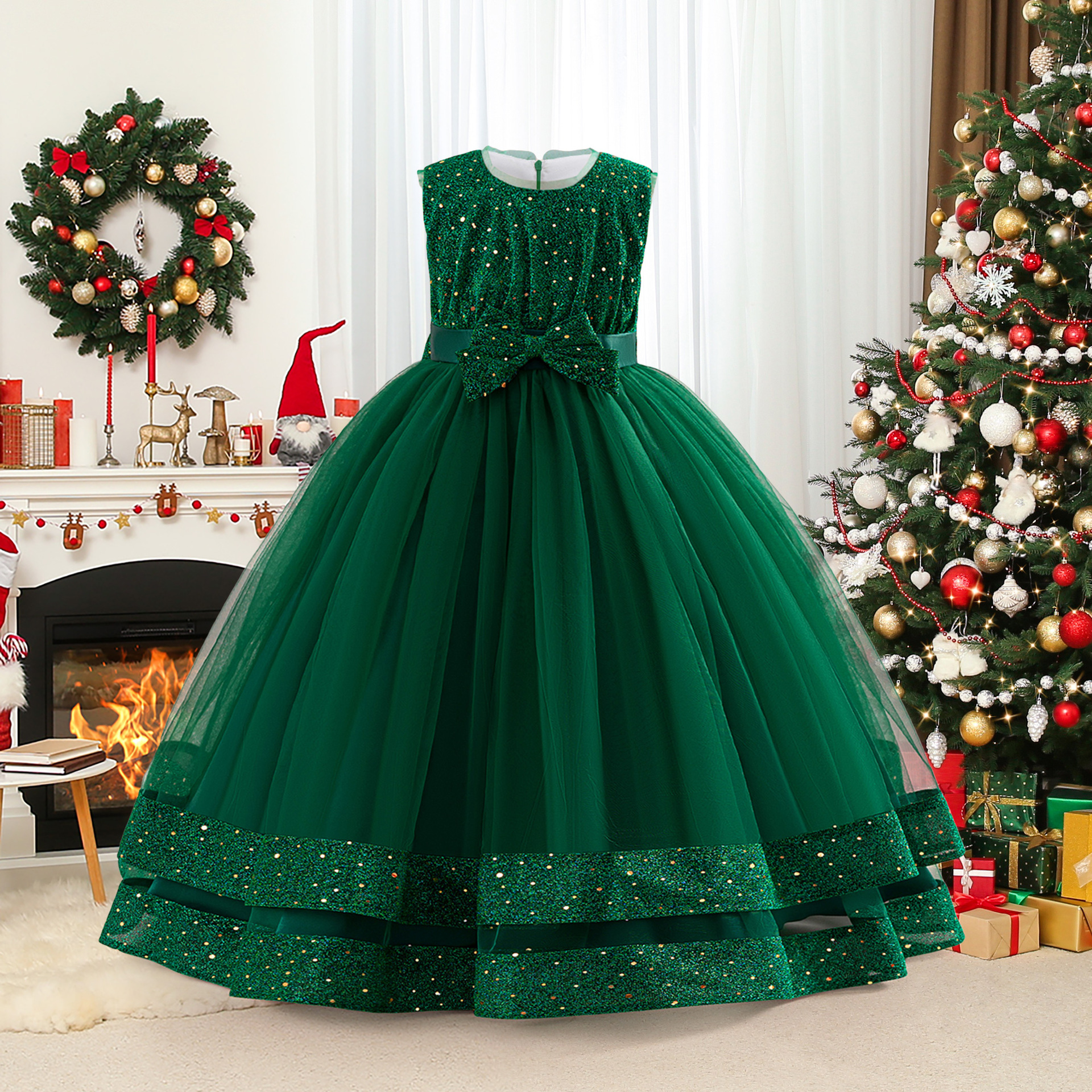 Nuevo vestido de noche de niñas transfronterizas vestido de princesa de navidad vestido de presentación vestido de arco de sequillas