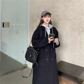 假两件加厚毛呢外套2021冬新款韩版宽松中长款拼接连帽呢子大衣女