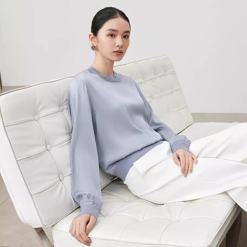 Carefully Selected Spring & Fall Mulberry Silk Top Long-Sleeved Classic Round Neck Women's Elegant Work Clothing Casual Pullover Silk Shirt