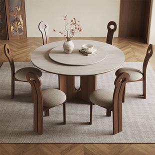 Medieval Style Household Small Solid Wood Dining Table with Turntable Round Table Dining Table and Chairs Round Travertine Slate Dining Table Combination