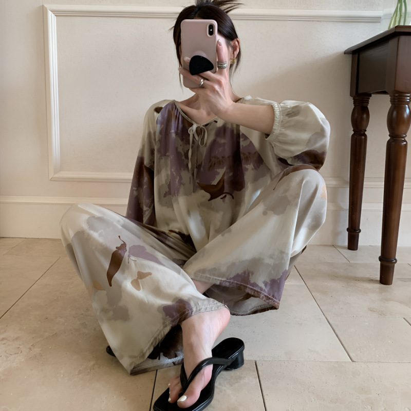 綿シルクパジャマセット女性のホーム服春と夏のパジャマ女性の夏フレンチレトロラウンドネック屋外で着用可能|undefined