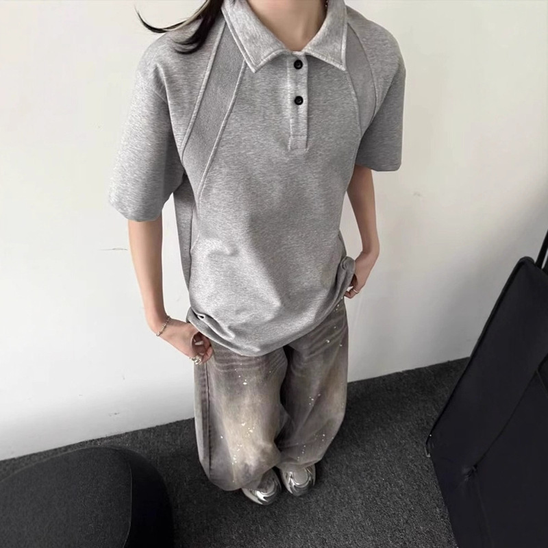 American Retro Short-Sleeved Polo Shirt Women's Summer Lapel Heavy Shoulder T-Shirt Henry Collar Casual Half-Sleeved Shirt