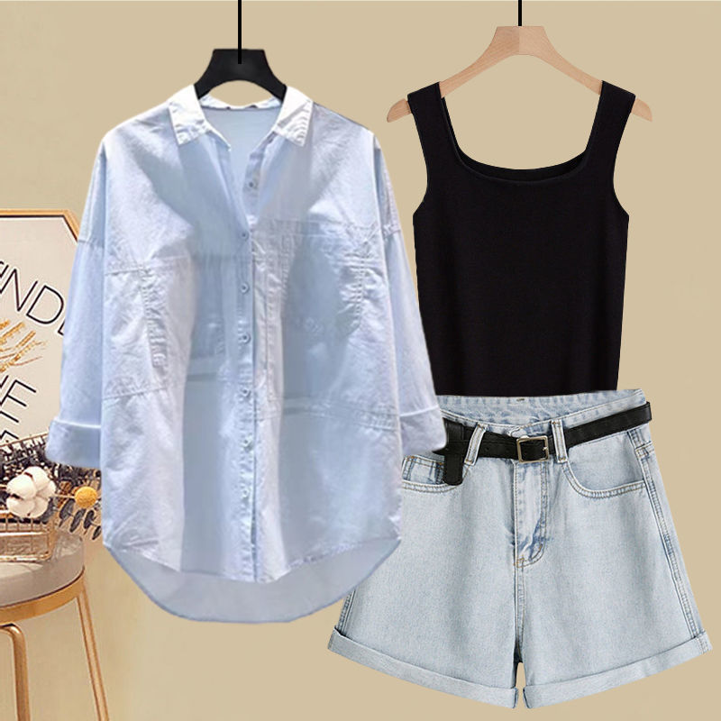 Summer suit Women's 2024 New Elegant plus size Sunscreen Shirt with Vest Fashion Denim Shorts Three-piece Set Summer suit Women's 2024 New Elegant plus size Sunscreen Shirt with Vest Fashion Denim Shorts Three-piece Set