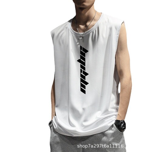 Men's Large Size Summer Fitness Ice Silk Tank Top Camisole Sleeveless Open Front Sweatshirt Breathable Ice Feel Loose Camouflage Trendy Summer Top