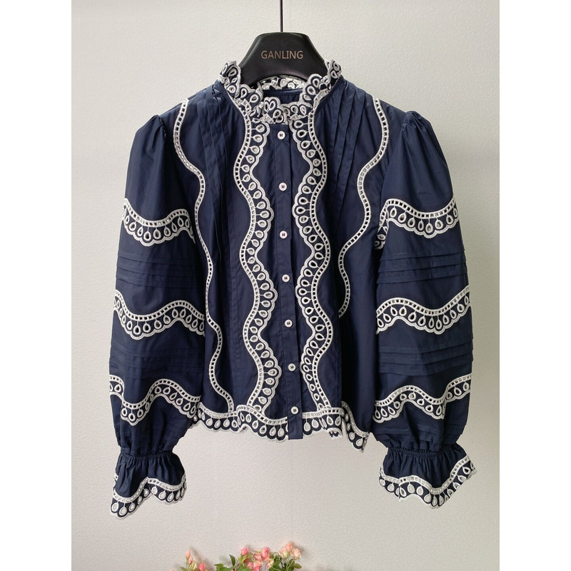 French Retro 2026 New Style Embroidered Lace Hollow-Out Stand Collar Long-Sleeve Shirt for Women, Deep Blue Niche Short Top French Retro 2026 New Style Embroidered Lace Hollow-Out Stand Collar Long-Sleeve Shirt for Women, Deep Blue Niche Short Top