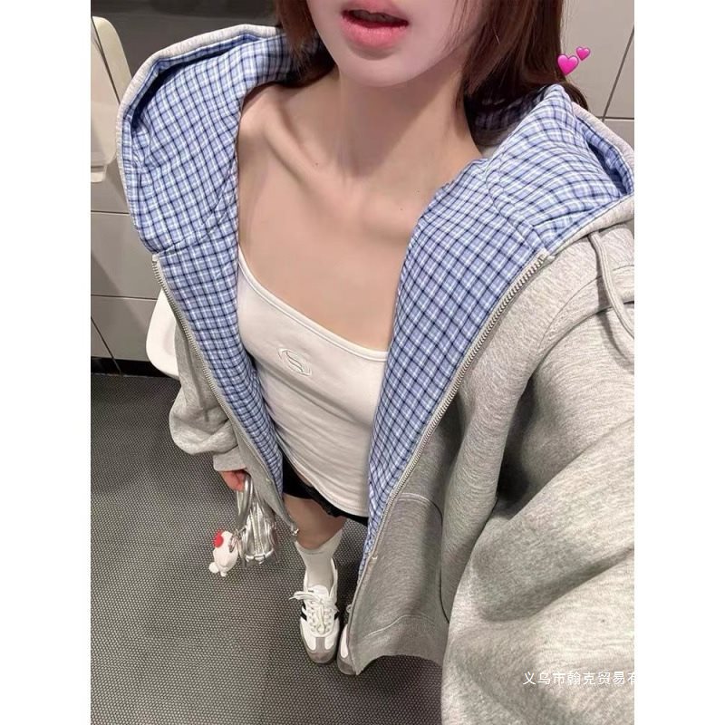 2025秋冬新款国潮复古格子拼接开衫连帽卫衣小众宽松设计韩版外套