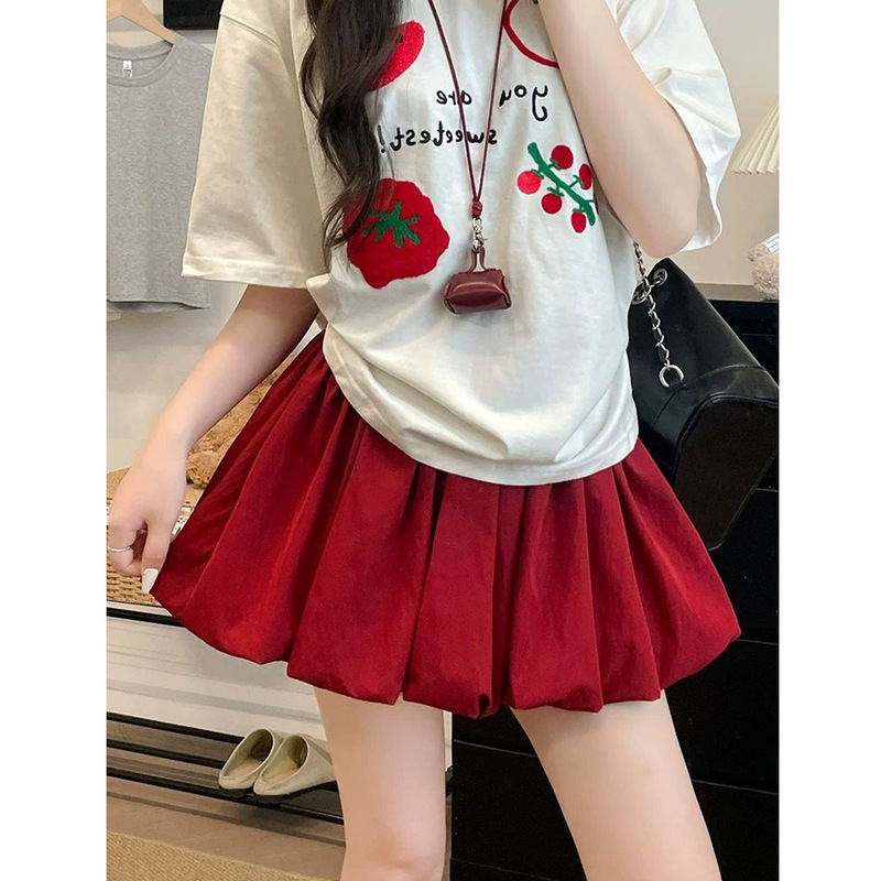 Korean Sweet and Spicy Red Flower Bud Skirt for Women in Summer, Niche Waist Slimming Look and Versatile Puffy Short Culottes