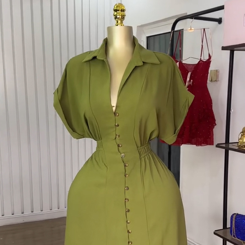 Women's Clothing Summer Fashion Shirt Dress American Style Lapel Short Sleeved Single Breasted Waist Cut Slit_ecoleips.com