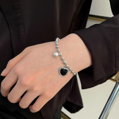 Eurasian black heart pearl titanium steel bracelet for women students, Instagram fashionable temperament accessory, couple bracelet
