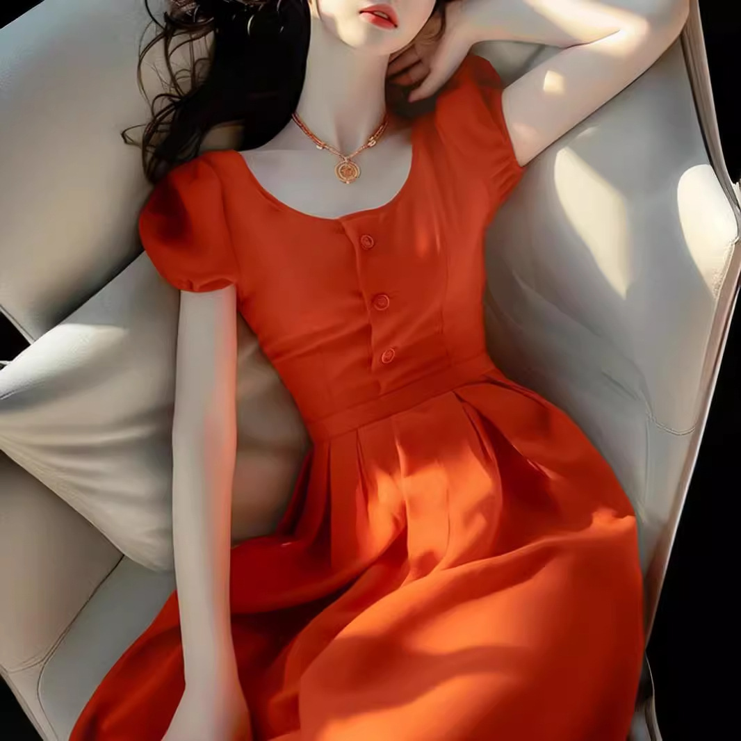Váy dài cổ tròn tay phồng màu cam FL240395 phong cách trưởng thành nhẹ nhàng tôn dáng eo — Màu cam