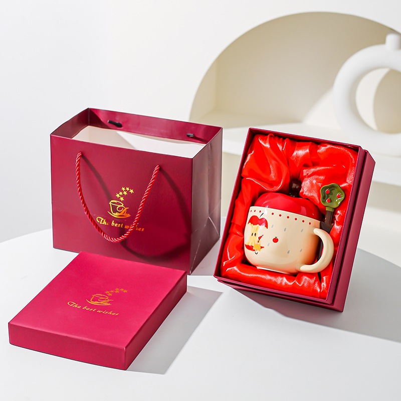 Regalos de Año Nuevo, copas de manzana retrógradas con tapa y cucharas, cajas de regalo para regalo de cumpleaños para amigos.