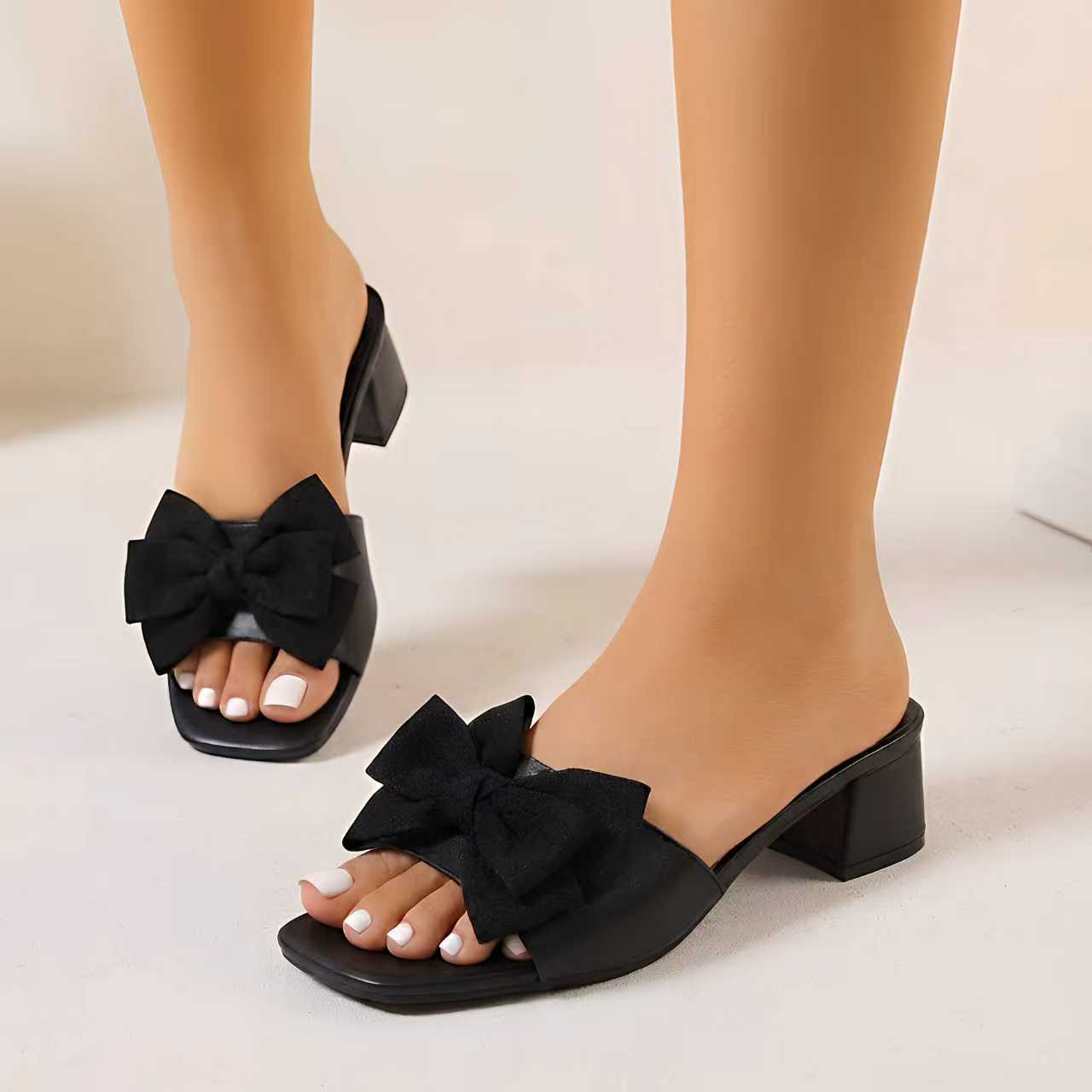 Summer Style Women's Square Toe Sandals plus Size Bow mid Heel Flip Flops_voghion.com