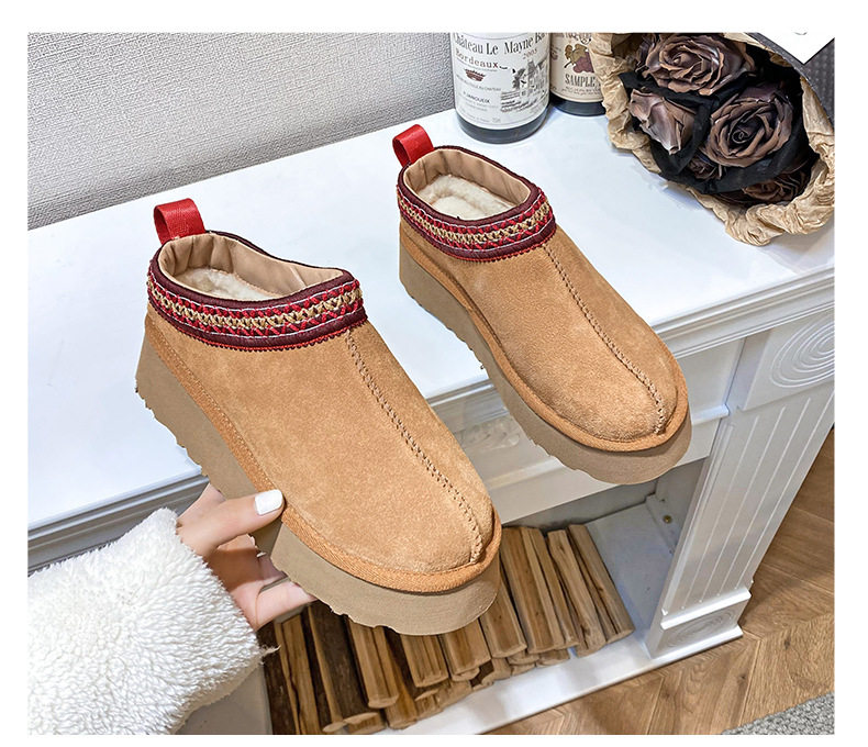 Dép lười nữ da bò thật đế dày lót lông nhân tạo giữ ấm, gót 4 cm — Màu cát, Màu hạt dẻ chi tiết 4