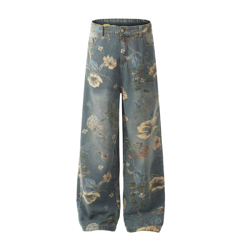 American Retro Floral All-Over Print Washed Jeans for Couples, Loose Straight-Leg Floor-Length Pants with a Slight Flare Design for Women American Retro Floral All-Over Print Washed Jeans for Couples, Loose Straight-Leg Floor-Length Pants with a Slight Flare Design for Women