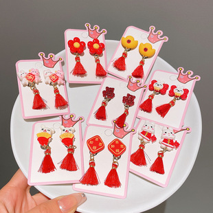 Children's red ear clip New Year Chinese style earrings auspicious cartoon tassel girl's earless earrings New Year jewelry
