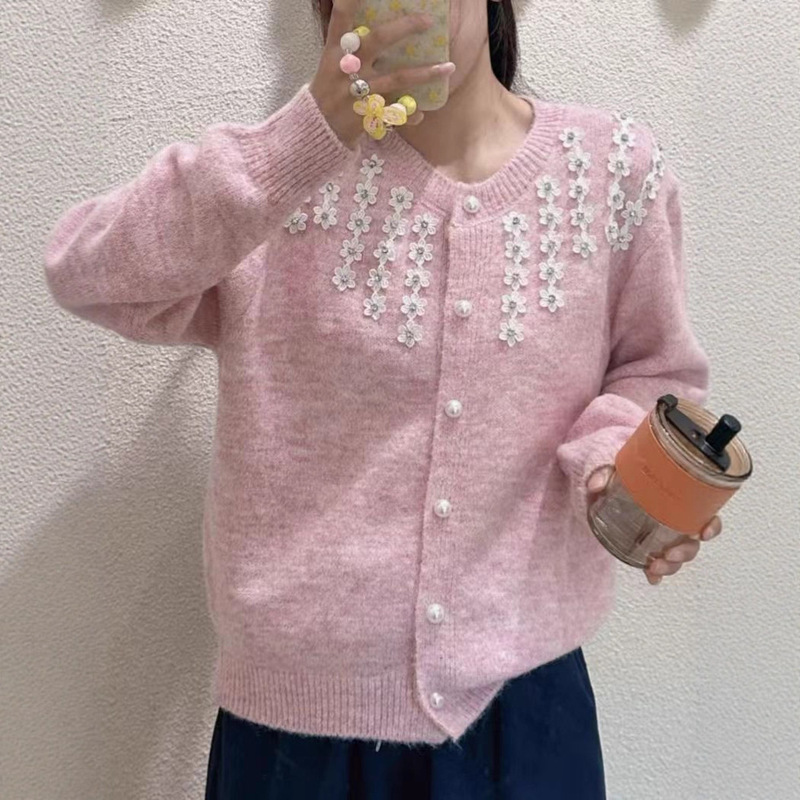 秋冬新款韩系甜美重工立体花朵针织开衫软糯文艺复古风毛衣女外套|undefined