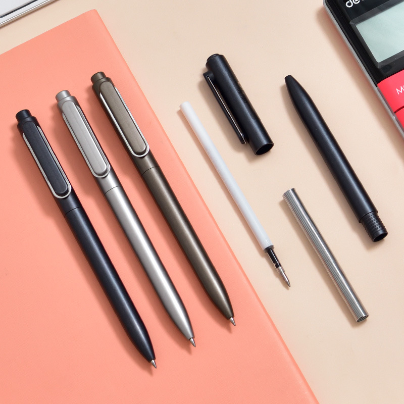 Deli Stationery gel pen A12 Lesu 0.5mm Zhenshun smooth push pull gel pen student office Black Pen water pen