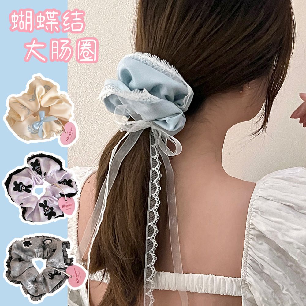 Frase bordada arco dulce anillo de cabello intestino de alta sensibilidad de la niña encaje cuerda de cabello suave adornos para el cabello