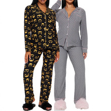 欧美跨境亚马逊2025秋女士翻领前开襟单排扣长袖印花高腰长裤套装