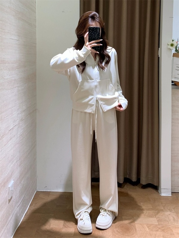 运动休闲风基础Q弹双拉链短卫衣外套+高腰阔腿卫裤2件套装女秋季|undefined