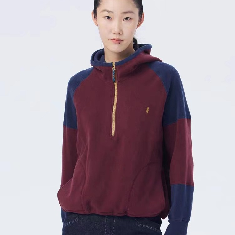 秋冬新品保暖摇粒绒加绒加厚拼接连帽套头拉链卫衣女外套1098