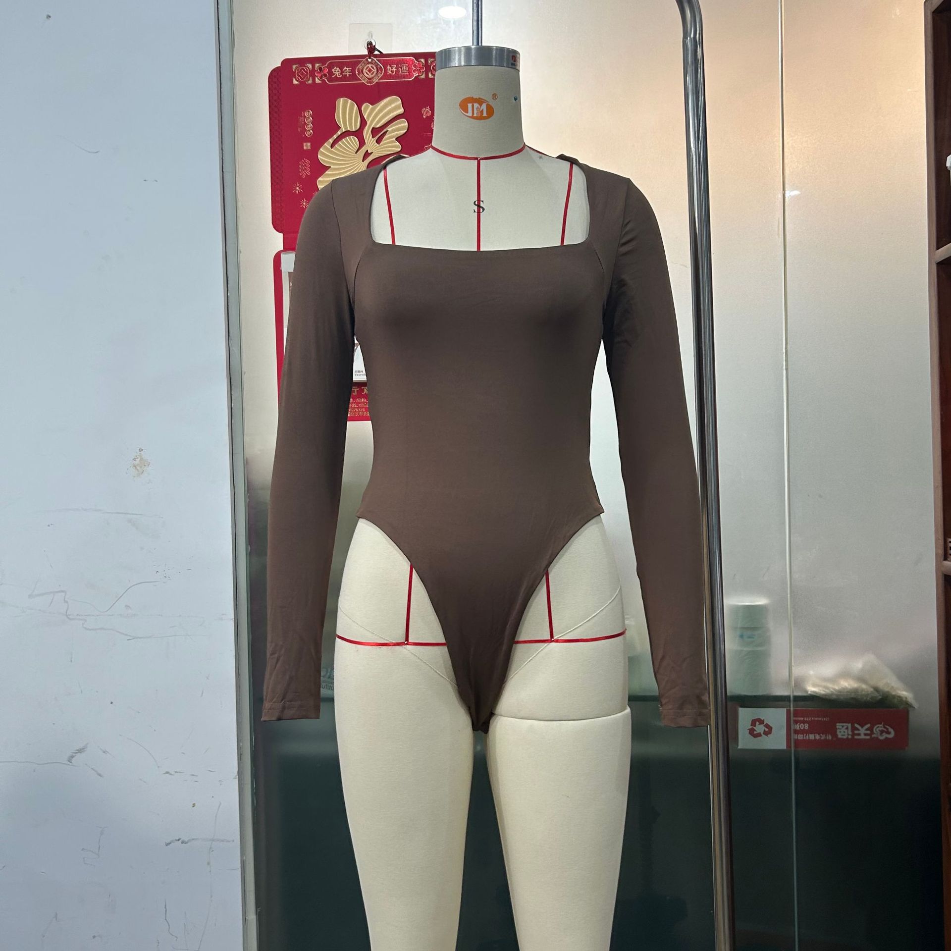 Mono para mujer, nuevo, con cuello cuadrado, manga larga, sexy, de doble capa, con botones a presión, camiseta básica SU3689