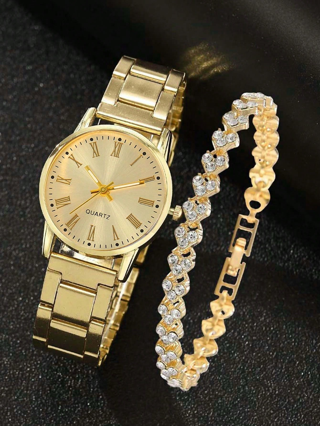 Gold single watch roman face + bracelet
