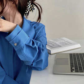 克莱因蓝衬衫女秋冬新款设计感上衣百搭叠穿气质衬衣