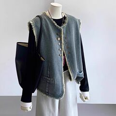 复古毛边牛仔马甲外套女秋2025新款时髦洋气宽松无袖坎肩背心马夹