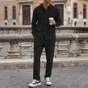 Amazon Cross-border New Men's New Chinese Spring and Autumn Corduroy Long-sleeved Breasted Shirt Two-piece Suit
